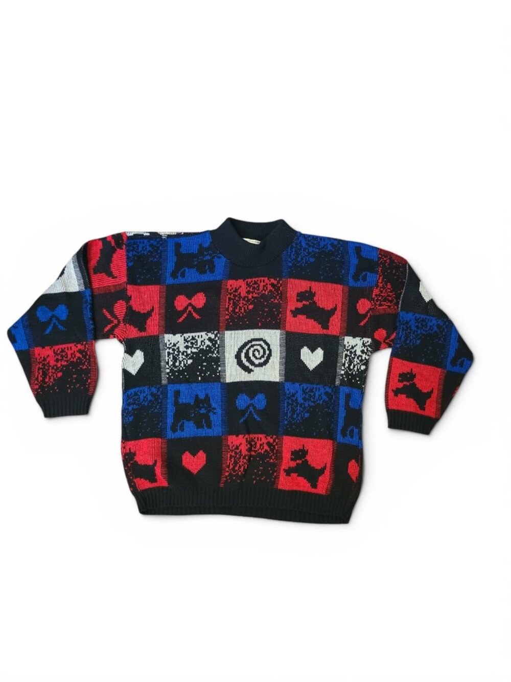 Vintage 80s Scottie Terrier Dog Rose Patterned Pullover Sweater Red Blue Black